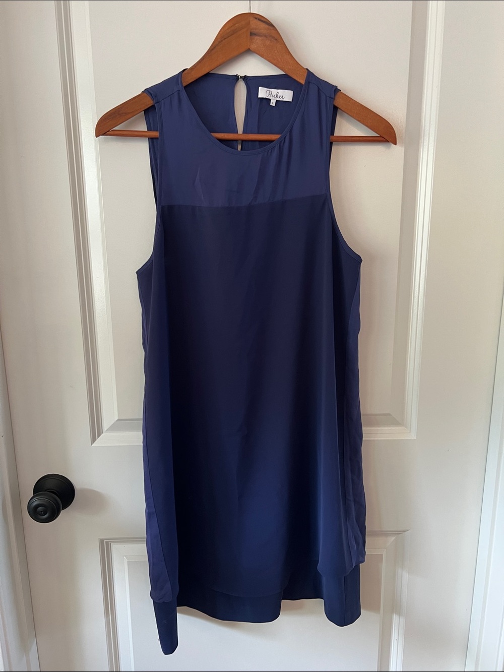 Parker Navy Sleeveless Shift with Sheer Yoke